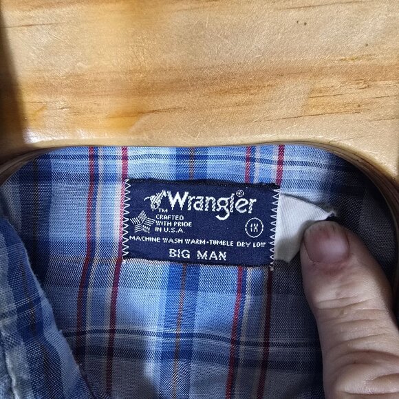 Wrangler‎ Big Man 1X Pearl Snap Shirt Long Sleeve Blue Western Plaid - Picture 4 of 6